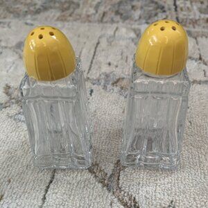 Vintage Dominion Glass Yellow Plastic-Capped Clear-Glass Salt + Pepper Shakers